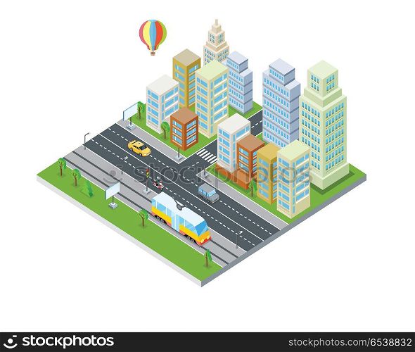 Eco City Design. Modern Architecture.. Eco city design. Sustainable, clean town with skyscraper buildings, houses, road, traffic system, air balloon. Modern architecture. Office apartment and nature. Part of series of city isometric. Vector