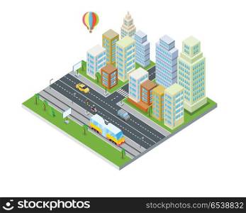 Eco City Design. Modern Architecture.. Eco city design. Sustainable, clean town with skyscraper buildings, houses, road, traffic system, air balloon. Modern architecture. Office apartment and nature. Part of series of city isometric. Vector