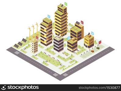 Eco city isometric color vector illustration. Commercial buildings infographic. Renewable energy production. Smart city 3d concept. Eco friendly, sustainable environment. Isolated design element. Eco city isometric color vector illustration