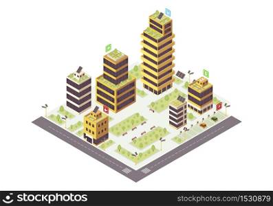Eco city isometric color vector illustration. Commercial buildings. Smart town infographic. Renewable energy 3d concept. Environmentally friendly, sustainable urban ecosystem. Isolated design element. Eco city isometric color vector illustration