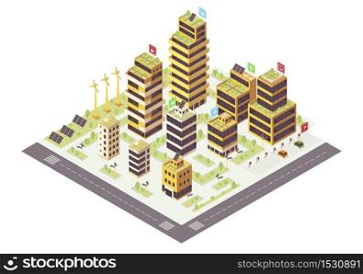 Eco city isometric color vector illustration. Commercial buildings with plants on roof infographic. Smart city 3d concept. Eco friendly environment. Modern town. Isolated design element. Eco city isometric color vector illustration