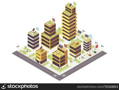 Eco city isometric color vector illustration. Commercial buildings with solar grids infographic. Smart city 3d concept. Eco friendly, sustainable environment. Modern town. Isolated design element. Eco city isometric color vector illustration