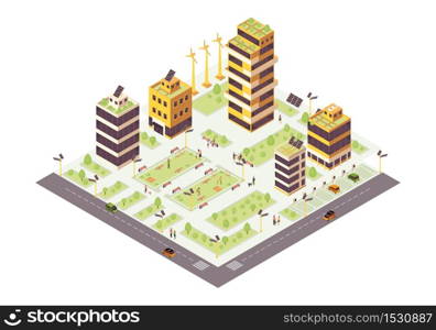 Eco city isometric color vector illustration. Eco friendly buildings with solar grids and trees infographic. Smart city 3d concept. Sustainable environment. Modern town. Isolated design element. Eco city isometric color vector illustration