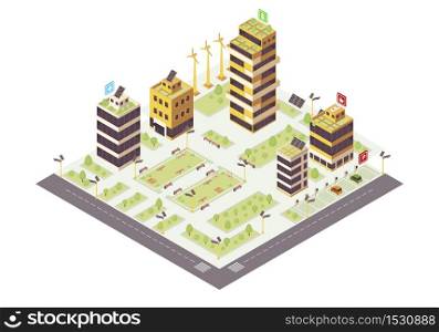 Eco city isometric color vector illustration. Eco friendly buildings with solar grids, trees infographic. Smart city 3d concept. Sustainable environment. Modern town map. Isolated design element. Eco city isometric color vector illustration