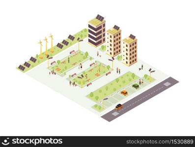Eco city isometric color vector illustration. Multi storey buildings with solar grids infographic. Smart city 3d concept. Sustainable, eco friendly environment. Modern town. Isolated design element. Eco city isometric color vector illustration