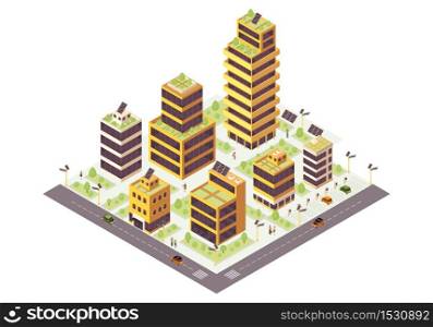 Eco city isometric color vector illustration. Multi storey buildings with solar grids infographic. Smart city 3d concept. Eco friendly, sustainable environment. Modern town. Isolated design element. Eco city isometric color vector illustration