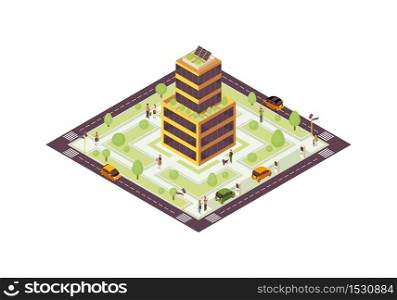 Eco city isometric color vector illustration. Smart building with solar grid, plants infographic. Green, sustainable, eco friendly house 3d concept. Renewable energy usage. Isolated design element. Eco city isometric color vector illustration