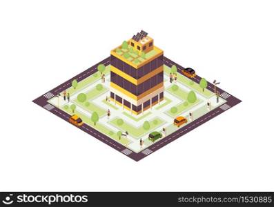Eco city isometric color vector illustration. Smart building with solar grid, trees infographic. Green, sustainable, eco friendly house 3d concept. Renewable energy usage. Isolated design element. Eco city isometric color vector illustration