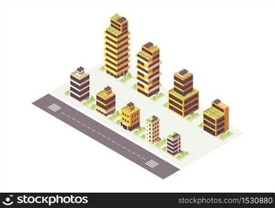 Eco city isometric color vector illustration. Smart town infographic. Renewable energy production 3d concept. Eco friendly, sustainable, green buildings. Urban ecosystem. Isolated design element. Eco city isometric color vector illustration