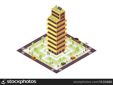 Eco city isometric color vector illustration. Sustainable building with solar grid, tree infographic. Green, sustainable, eco friendly house 3d concept. Renewable energy usage. Isolated design element. Eco city isometric color vector illustration