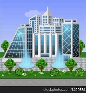 Eco city urban landscape. Modern buildings, green trees and bushes, fountains. Cityscape with big houses, office buildings, street. Flat style, vector illustration