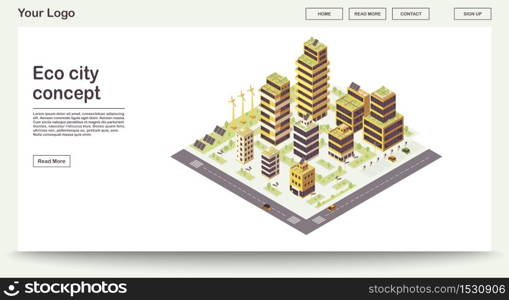 Eco city webpage vector template with isometric illustration. Smart buildings with solar grids. Sustainable houses. Eco friendly, green town. Website interface design. Landing page 3d concept. Eco city webpage vector template with isometric illustration