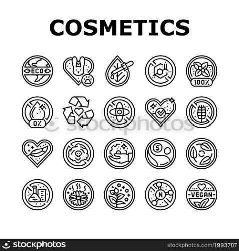 Eco Cosmetics Organic And Bio Icons Set Vector. Natural Fragrance Handmade And Herbal Aromatic Eco Cosmetics, Cruelty And Nitrate Free Cosmetology Product Black Contour Illustrations. Eco Cosmetics Organic And Bio Icons Set Vector