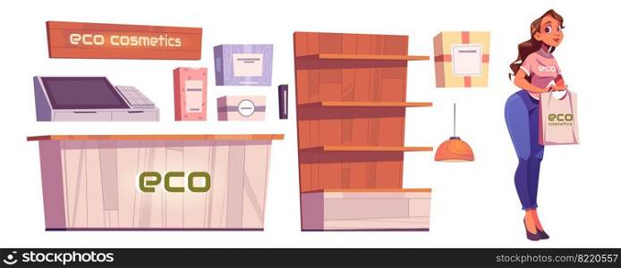 Eco cosmetics shop furniture and woman seller isolated on white background. Vector cartoon set of beauty store interior with wooden counter, cashbox, natural skincare products in boxes and showcase. Eco cosmetics shop with natural shincare products