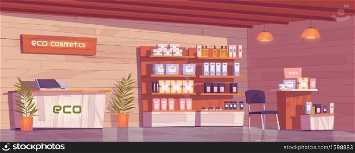 Eco cosmetics shop with natural products for makeup, skincare and perfume in showcase. Vector cartoon interior of beauty store with cashbox on counter, goods on wooden shelves and plants. Eco cosmetics shop with natural shincare products