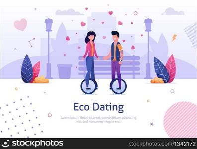 Eco Dating. Man Woman Ride Monocycle in Park Vector Illustration. Ecological Transport Electric Unicycle. Green Vehicle. Romantic Love Relationship. Active Dating Outdoors. Hipster Date. Eco Dating Man and Woman Ride Monocycle in Park