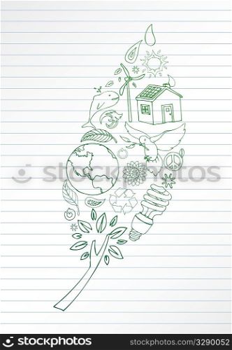 Eco doodles form leaf shape on lined paper.