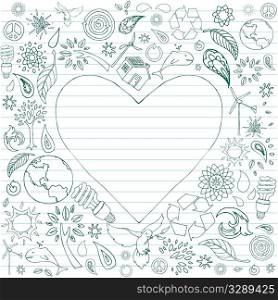 Eco doodles surround heart on lined paper.