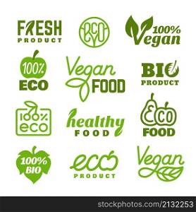 Eco emblems. Organic bio logo, fresh green food stickers. Vegetarian badge, high quality agriculture market goods. Natural product tidy vector tags. Illustration of eco organic badge, green bio. Eco emblems. Organic bio logo, fresh green food stickers. Vegetarian badge, high quality agriculture market goods. Natural product tidy vector tags