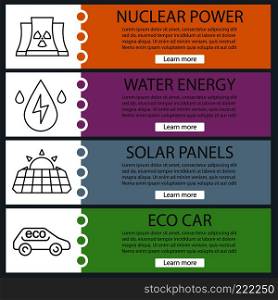 Eco energy banner templates set. Easy to edit. Nuclear power plant, water energy, solar panel, eco car. Website menu items with linear icons. Color web banner. Vector headers design concepts. Eco energy banner templates set