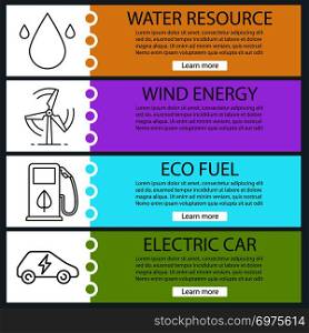 Eco energy banner templates set. Water resources, eco energy and fuel, electric car. Website menu items with linear icons. Color web banner. Vector headers design concepts. Eco energy banner templates set