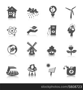 Eco energy black icons set with wind solar water electric technologies isolated vector illustration. Eco Energy Icons Set