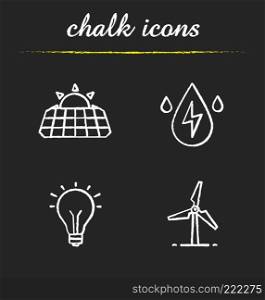 Eco energy chalk icons set. Solar panels, windmill, water energy, light bulb. Isolated vector chalkboard illustrations. Eco energy chalk icons set