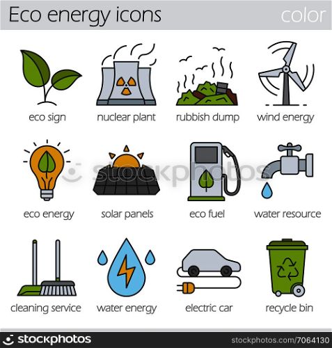 Eco energy color icons set. Electric car, nuclear plant, rubbish dump, wind power, solar panels, green energy, water resource, bio fuel, cleaning service, recycle bin. Isolated vector illustrations. Eco energy color icons set