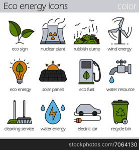 Eco energy color icons set. Electric car, nuclear plant, rubbish dump, wind power, solar panels, green energy, water resource, bio fuel, cleaning service, recycle bin. Isolated vector illustrations. Eco energy color icons set