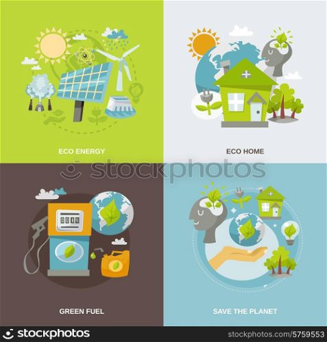 Eco energy design concept set with green fuel planet home flat icons isolated vector illustration. Eco Energy Flat