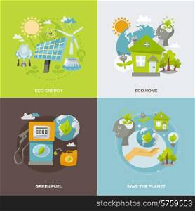 Eco energy design concept set with green fuel planet home flat icons isolated vector illustration. Eco Energy Flat