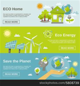 Eco energy horizontal banner set with green home planet flat elements isolated vector illustration. Eco Energy Banner