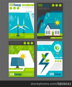 Eco energy solar panel and windmills ecological rechargeable electricity generation systems 4 icons poster abstract vector illustration. Eco energy icons poster