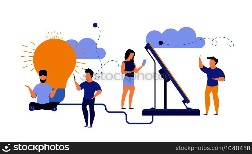 Eco energy vector alternative ecology illustration clean environment. Power solar renewable nature panel with people. Electric Earth sun business technology global world. Banner recycle generator