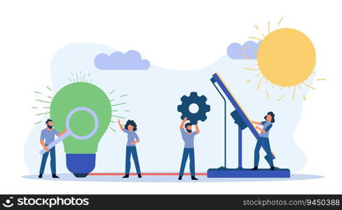 Eco energy vector alternative ecology illustration clean environment. Power solar renewable nature panel with people. Electric Earth sun business technology global world. Banner recycle generator