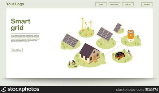 Eco energy webpage vector template with isometric illustration. Smart grid. Solar, wind renewable power. Alternative home energy source. Website interface design. Webpage, mobile app 3d concept. Eco energy webpage vector template with isometric illustration