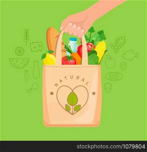 Eco Fabric Cloth Bag full of natural food, vegetables, fruits, bread, water. The concept of caring for the environment,reuse things, healthy shopping. Vector illustration.. Eco Bag full of natural food.