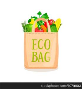 Eco Fabric Cloth Bag full of vegetables and fruits. The concept of caring for the environment and reuse things. Friendly nature non plastic bags. Vector illustration.. Eco Bag full of vegetables and fruits.