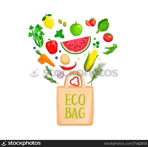 Eco Fabric Cloth Bag with isolated vegetables and berries falling inside. The concept of caring for the environment and reuse things. Friendly nature Vector illustration.. Eco Bag with isolated vegetables and berries.
