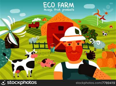 Eco farm composition with worker, barn, windmills, garden, domestic animals on green fields background vector illustration. Eco Farm Composition