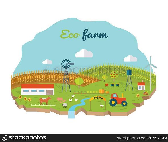 Eco farm conceptual vector. Flat design. Landscape view of traditional ecological farm. Country idyll. Farmyard with domestic animals, houses, machines, windmill, river, fields and garden. On white. . Eco Farm Conceptual Vector in Flat Style Design.