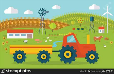 Eco farm conceptual vector. Flat design. Landscape view of traditional ecological farm. Country idyll. Farmyard with domestic animals, houses, machines, windmill, river, fields and garden. On white. . Eco Farm Conceptual Vector in Flat Style Design. . Eco Farm Conceptual Vector in Flat Style Design.