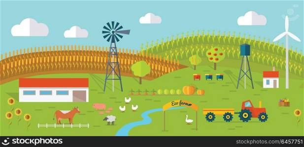 Eco Farm Conceptual Vector in Flat Style Design.. Eco farm conceptual vector. Flat design. Landscape view of traditional ecological farm. Country idyll. Farmyard with domestic animals, houses, machines, windmill, river, fields and garden. On white.