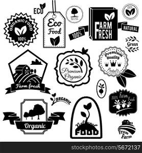 Eco farm fresh organic food agriculture black labels set isolated vector illustration