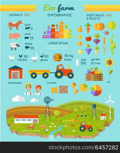 Eco Farm Infographic Elements Vector Flat Design. Eco farm infographic vector elements. Flat design. Collection of traditional farming icons. Animals, vegetables, agriculture machines and buildings. Circle and column diagrams. Country landscape.
