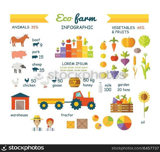 Eco farm infographic vector elements. Flat design. Collection of traditional farming icons. Animals, vegetables, agriculture machines and buildings. Circle and column diagrams.. Eco Farm Infographic Elements Vector Flat Design