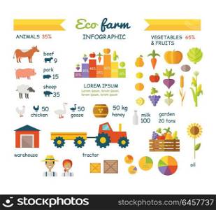 Eco farm infographic vector elements. Flat design. Collection of traditional farming icons. Animals, vegetables, agriculture machines and buildings. Circle and column diagrams.. Eco Farm Infographic Elements Vector Flat Design