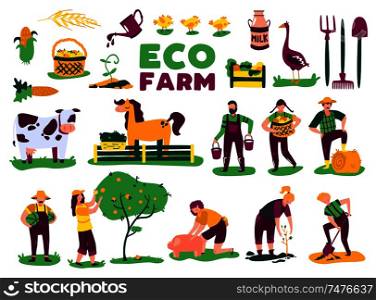 Eco farming harvest set with isolated images of farm animals plants and doodle characters of people vector illustration