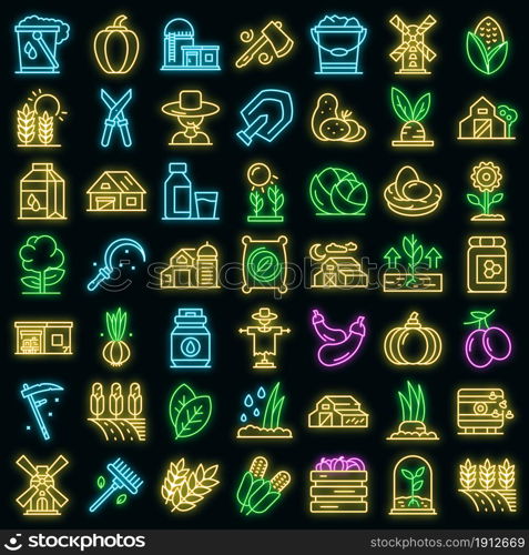 Eco farming icons set. Outline set of eco farming vector icons neon color on black. Eco farming icons set vector neon