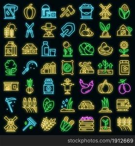 Eco farming icons set. Outline set of eco farming vector icons neon color on black. Eco farming icons set vector neon
